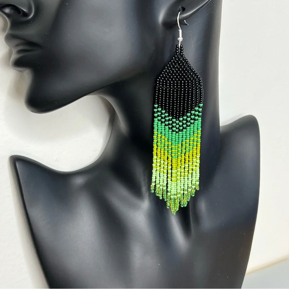 Green Black Seed Beaded Fringe Earrings Chevron Tassel Earrings Handmade Jewelry